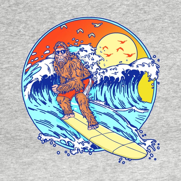 Surfing Bigfoot Funny Beach Sasquatch Surfer Waves Retro 80s by GIANTSTEPDESIGN